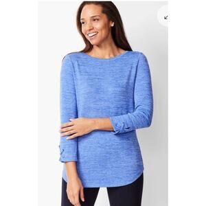 T By Talbots Top 100% Cotton 3/4 Sleeve Womens L Blue Surplice Back Lace Cuffs